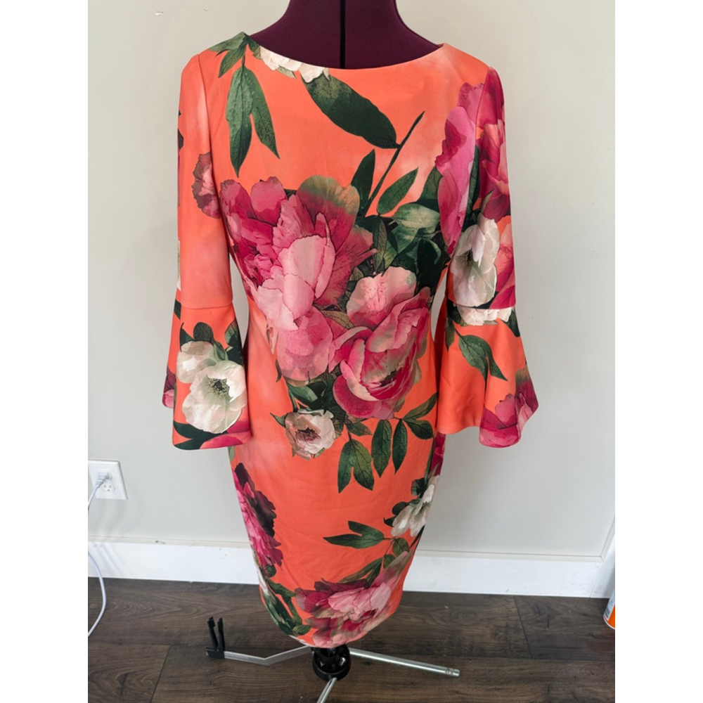 Orange Pink Floral Calvin Klein Sheath Dress Summer Spring 6